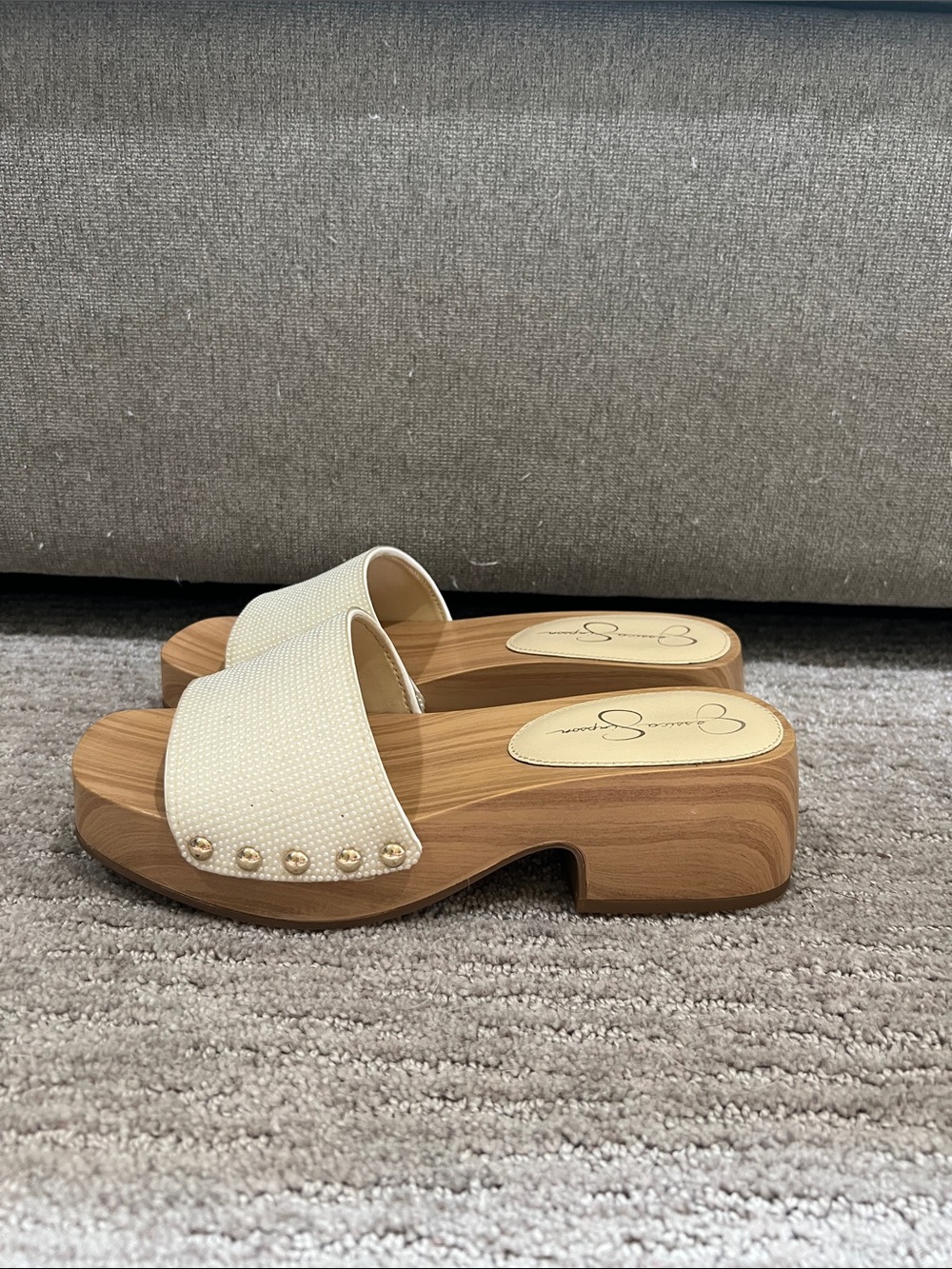 Cream Pearl-Accent Slide Sandals